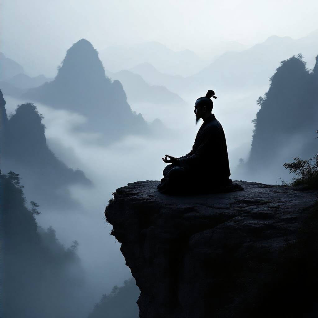 Daoist Monk Meditating on Cliff in Vast Mountain Landscape