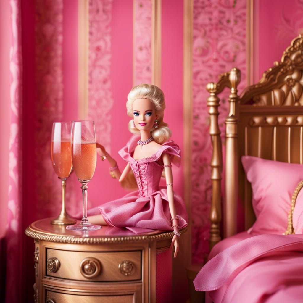 Barbie doll sitting near a champagne flute