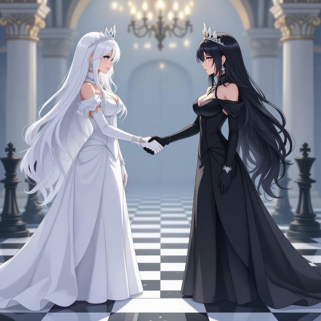 Two Queens Duel on Giant Chessboard, Semi-Realistic Anime St...