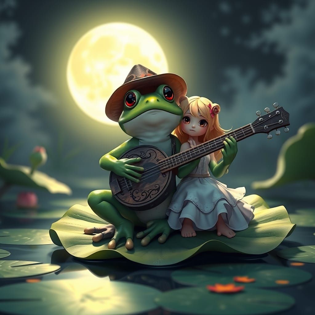 Banjo Frog Serenade Under the Moon in 3D Anime Style