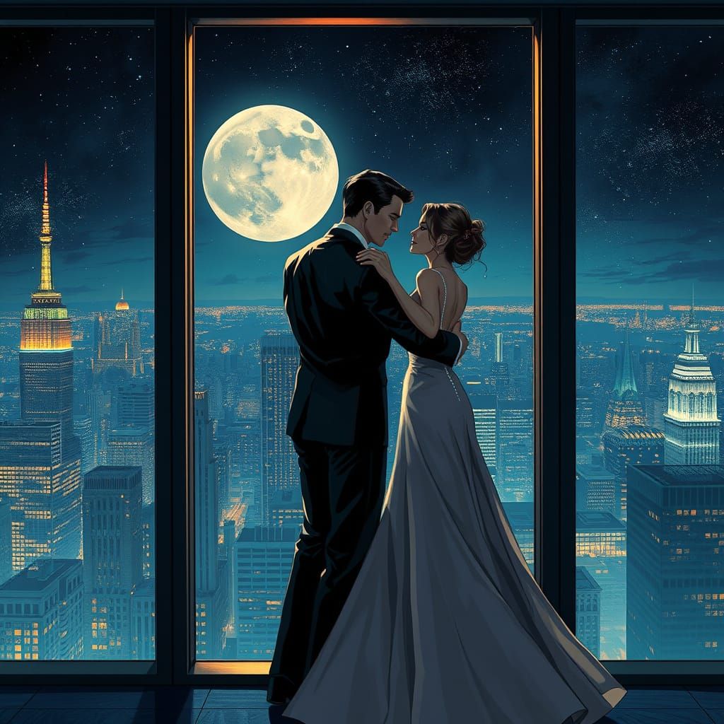 Romantic Dance Overlooking City Lights in Hyperrealism