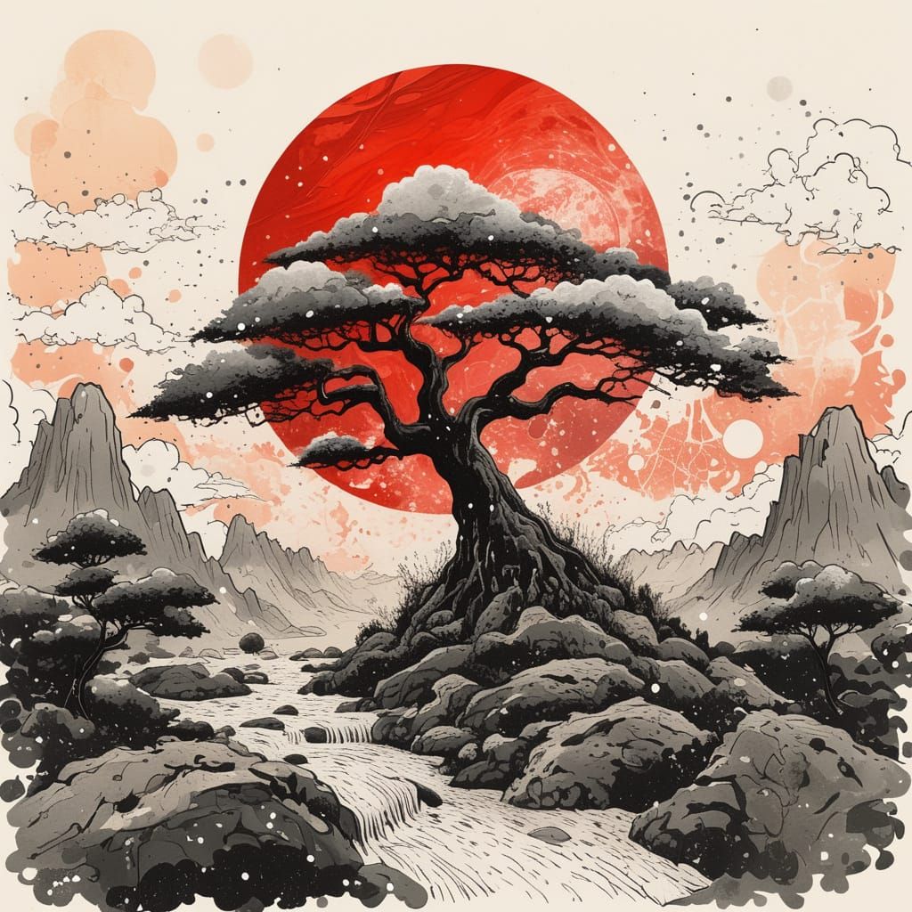 Surreal Dreamscape Buildings with Old Tree