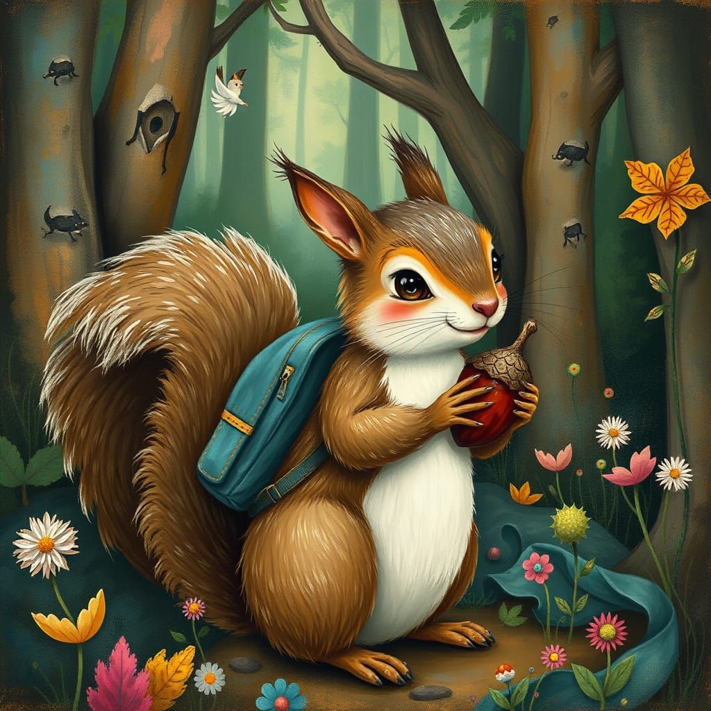 Mischievous Squirrel with Backpack in Whimsical Forest