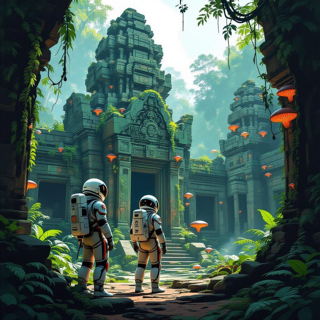 Retro-Futuristic Astronaut and Jungle Temple