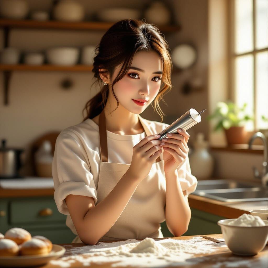 Asian Pastry Chef in Vintage Kitchen: Cinematic Portrait