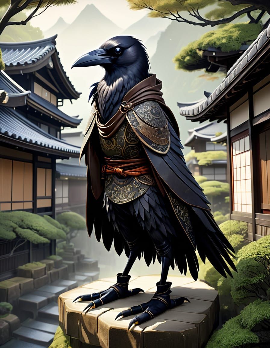 Avian Fantasy Figure in Traditional Japanese Village