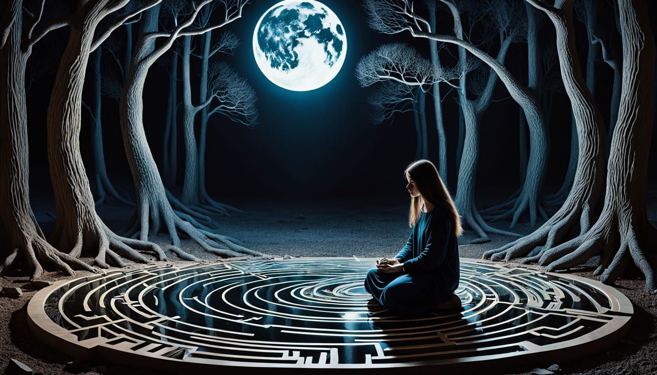 Surreal Labyrinthine Figure in Moonlit Realism