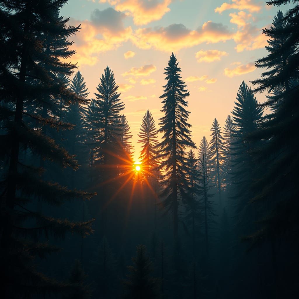 Serene Sunrise in Dense Pine Forest