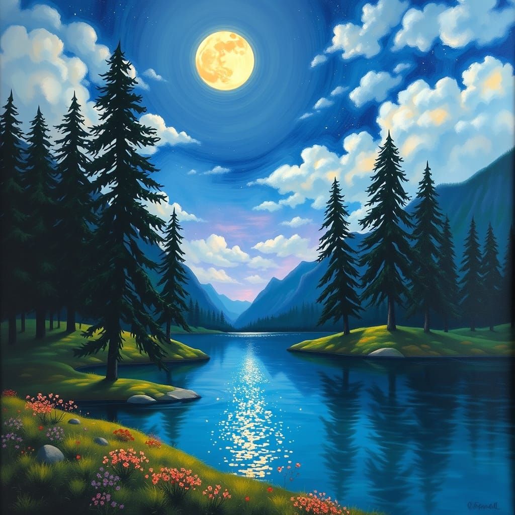 Moonlit Lake Landscape in Romanticism Style