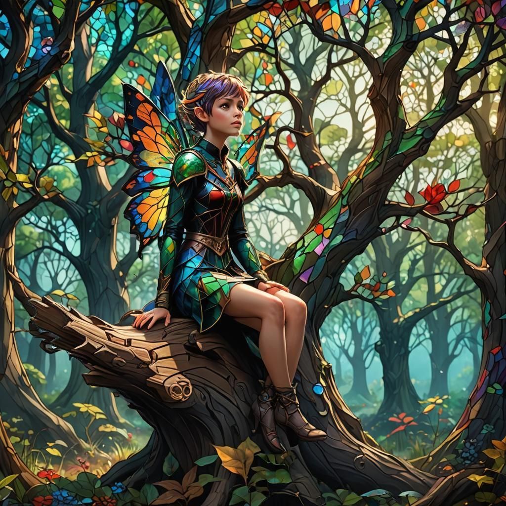 Pixie in Stained Glass Forest: Fantasy Concept Art