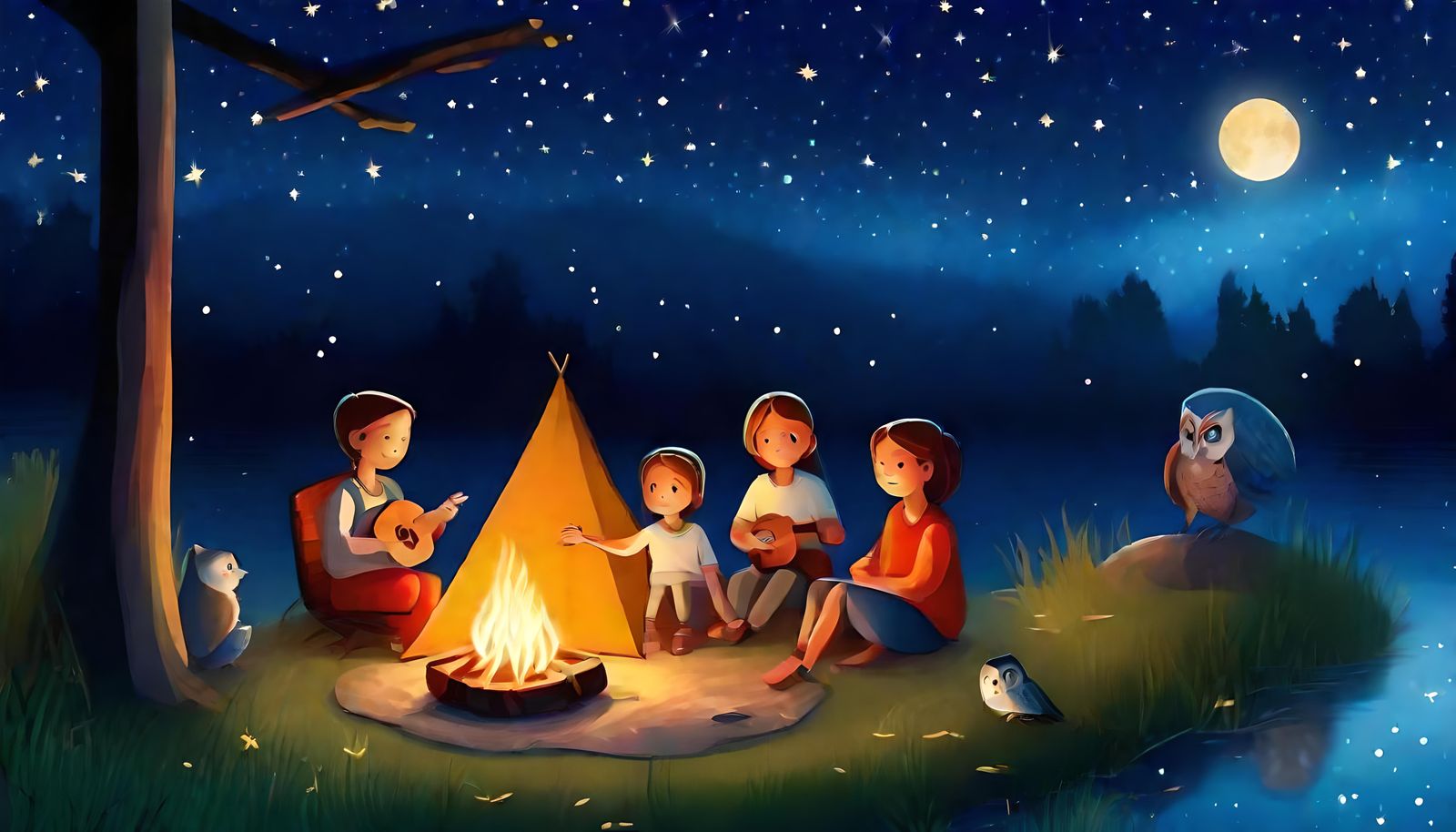 Family Camping Under Starry Sky at Night