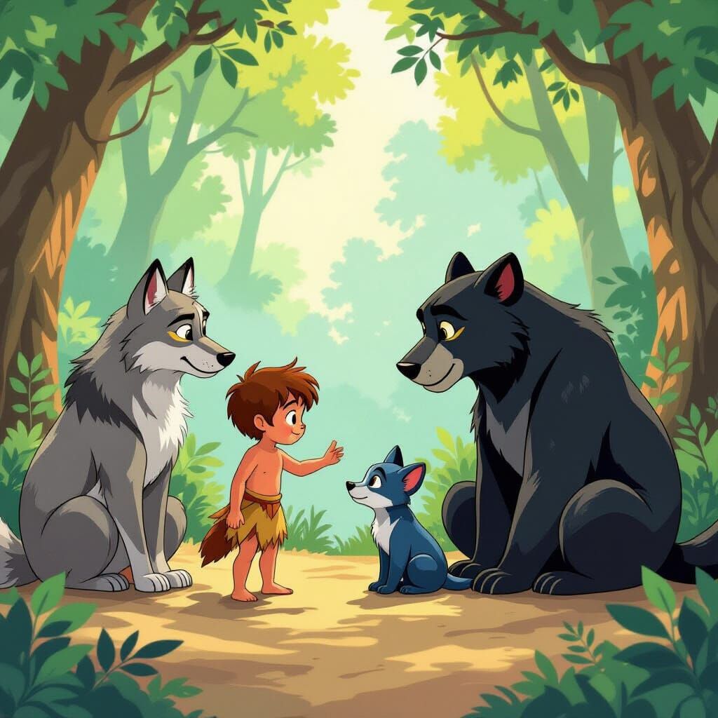 Mowgli and Jungle Friends in Miyazaki Style