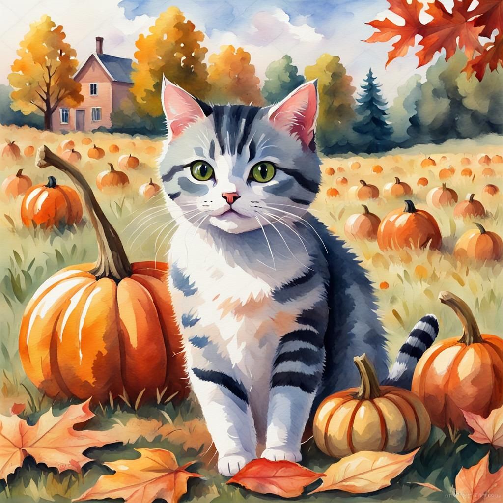 Cute Cat in Fall Landscape: Watercolor Illustration