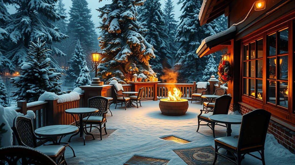 Cozy Winter Cafe with Crackling Fire Pit