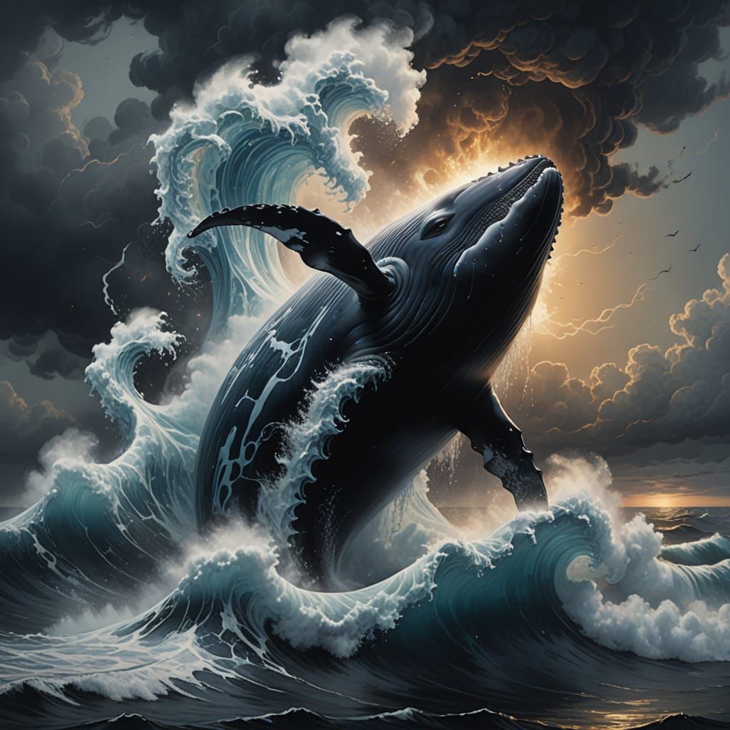 Ghostly Whale Breaching on Smoky Wave