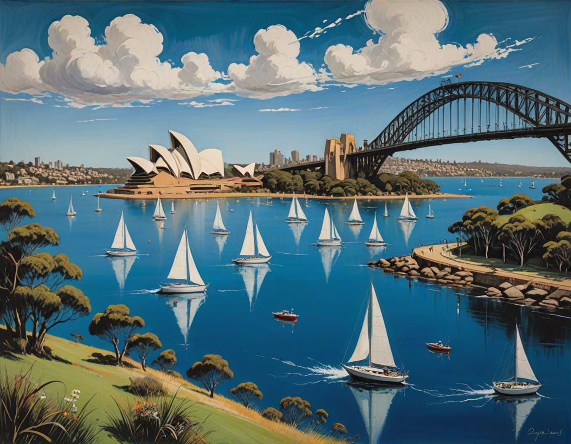 Sydney Harbour in Vibrant Blue Light with Sydney Opera House...
