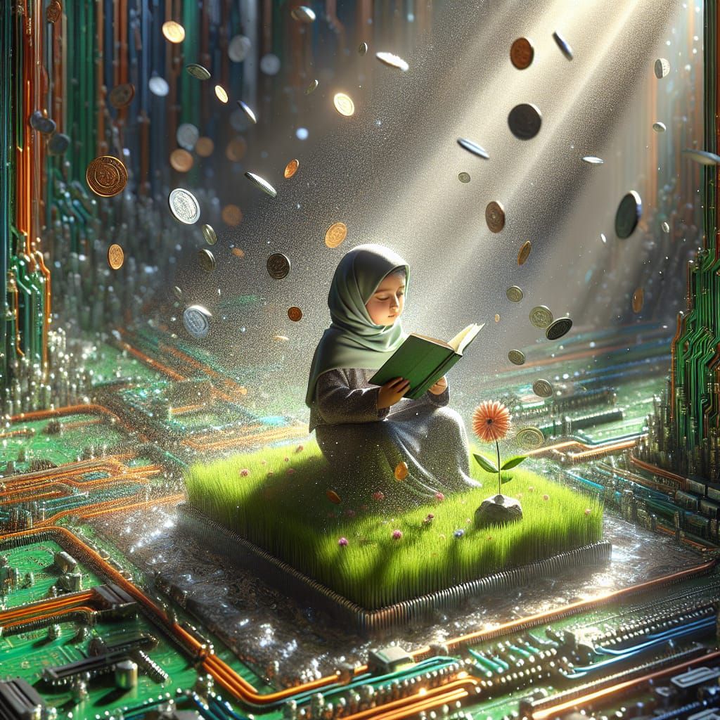 Hyperrealistic Oasis: Girl Reading in Cyberpunk World