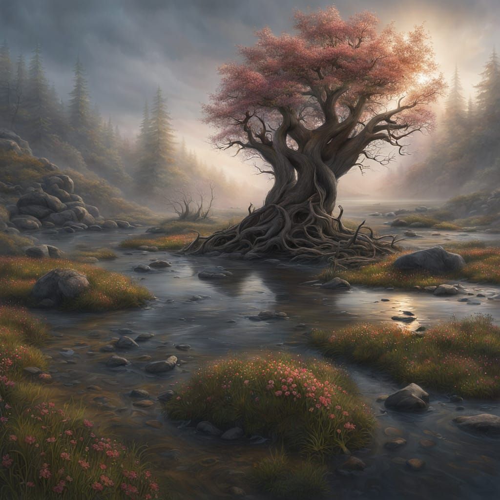 Ethereal Twisted Tree in Sunset Glow