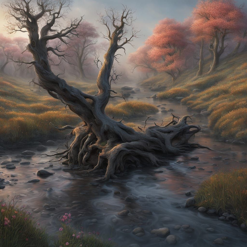 Twisted Tree in Desolate Sunset Landscape
