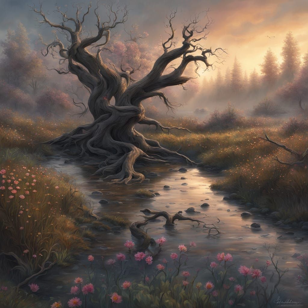 Twisted Tree Majestically Overlooks an Ethereal Stream
