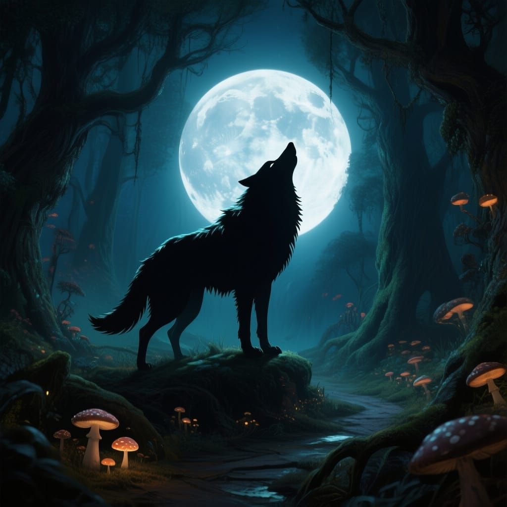 Mystical Wolf Howling in Enchanted Forest