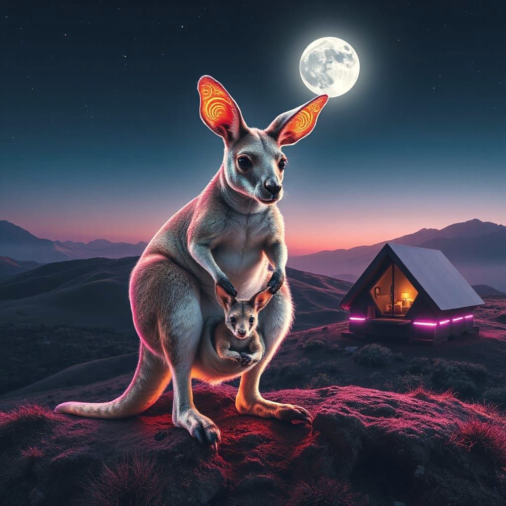 Surreal Kangaroo Goddess with Tree Heads and Baby in Pouch