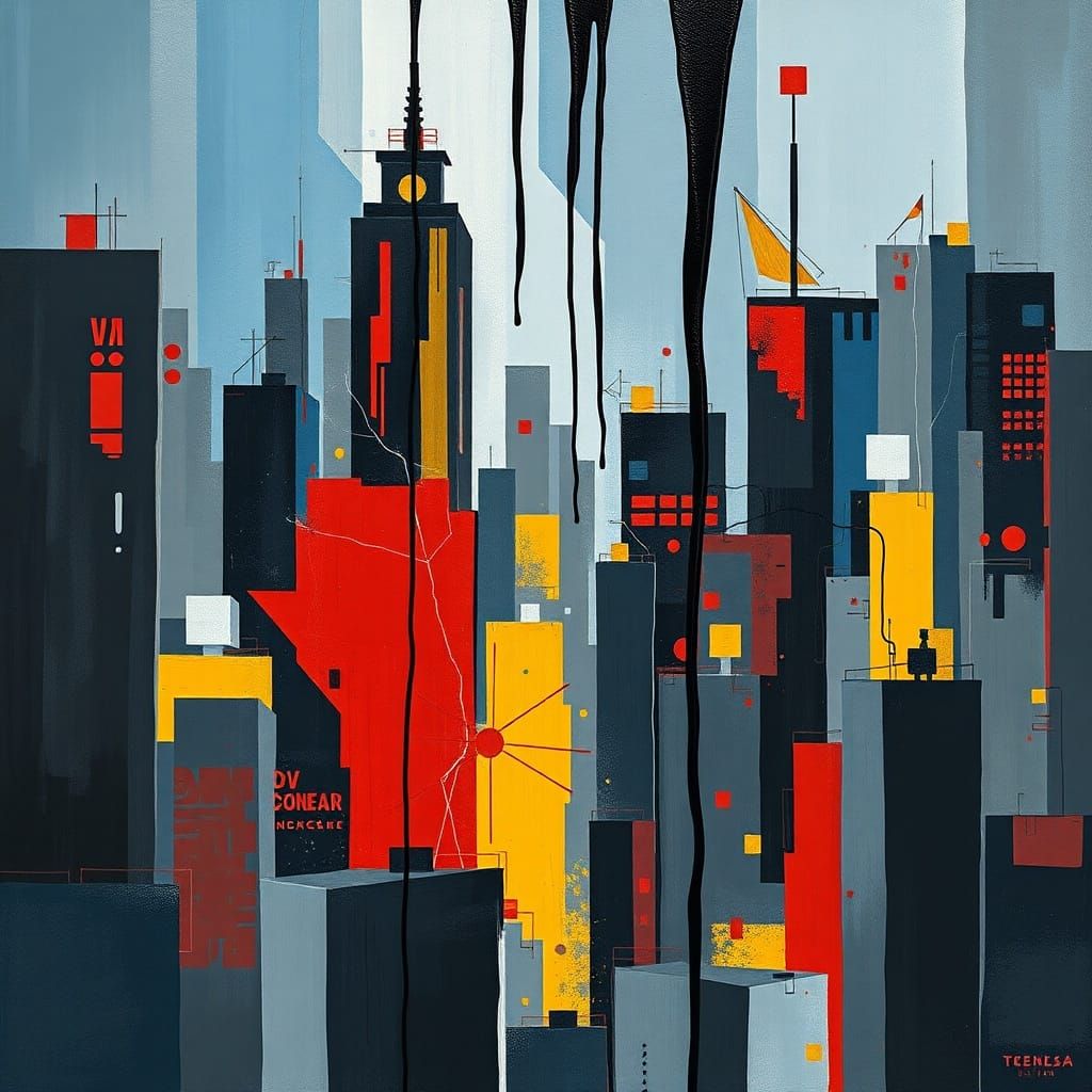 Abstract Cityscape with Dripping Line, Neo-Cubism Style