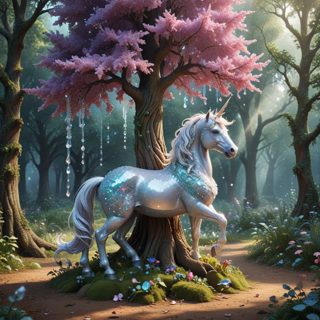 Magical Crystal Tree Tended by Unicorn