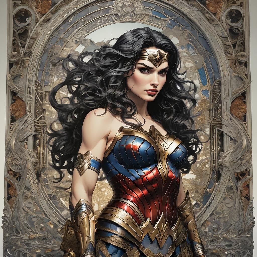 Watercolor Wonder Woman Illustration with Filigree Details