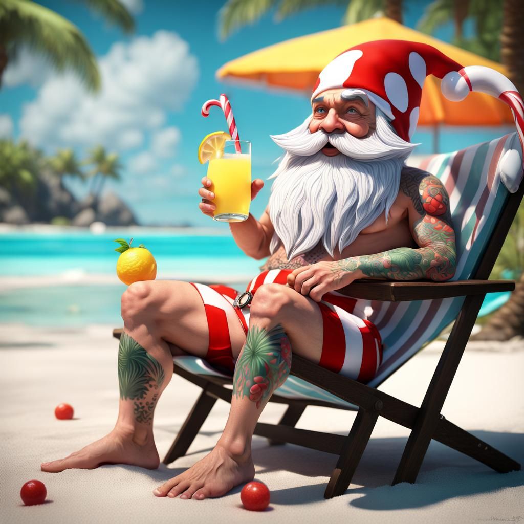 Tattooed Gnome Elf Lounging on Tropical Beach