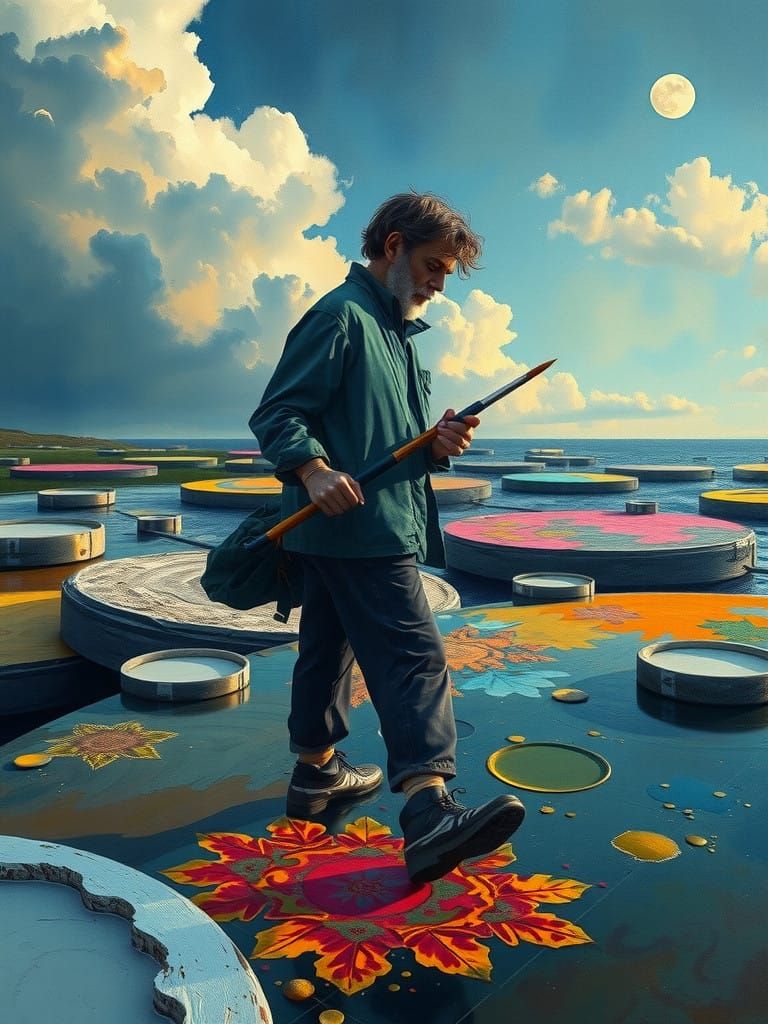 Miniature Artist Stands on Giant Paint Palette in Tempera St...