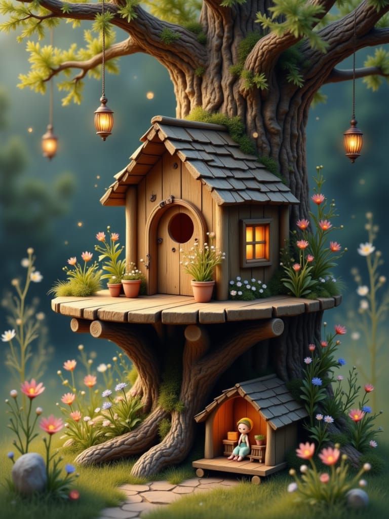 Charming Miniature Rustic Treehouse in Lush Garden