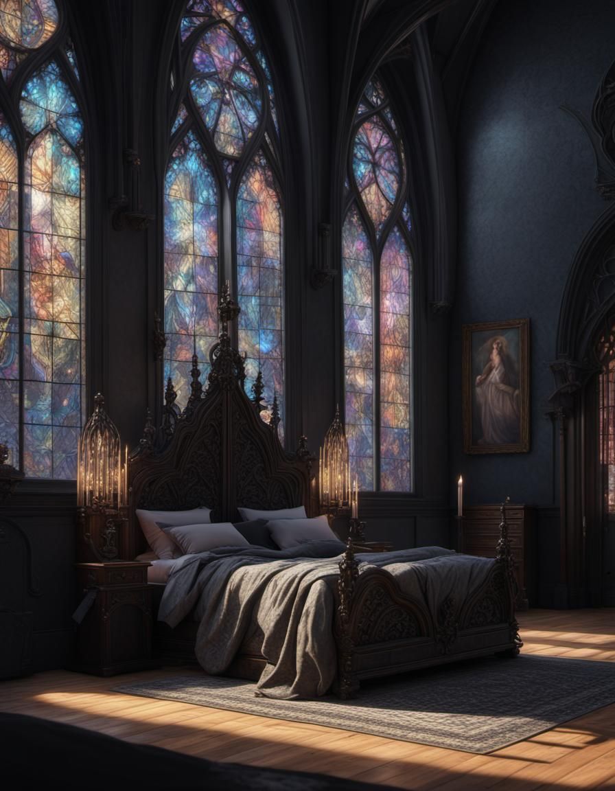 Gothic bedroom with gothic chapel windows and gothic bed& mu...