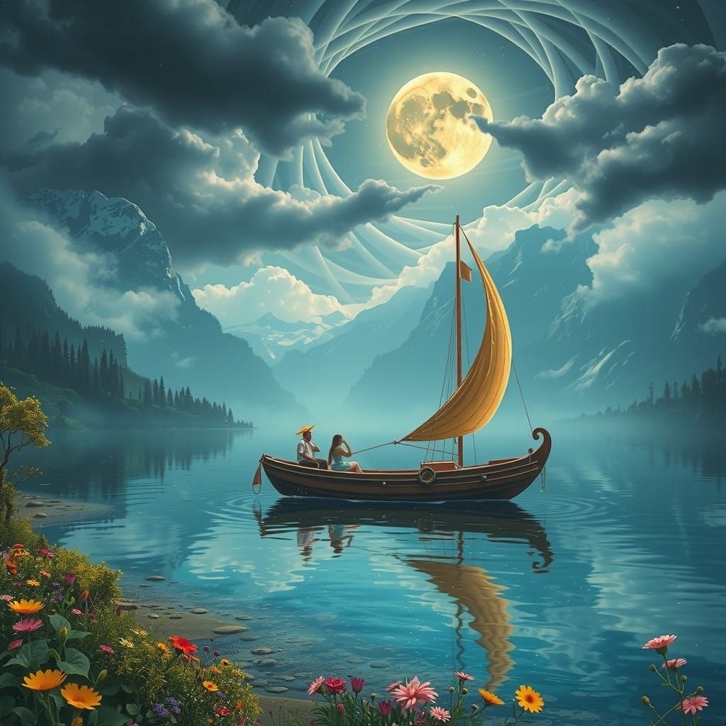Dreamy Moonlit Lake Scene with Sailboat and Majestic Mountai...
