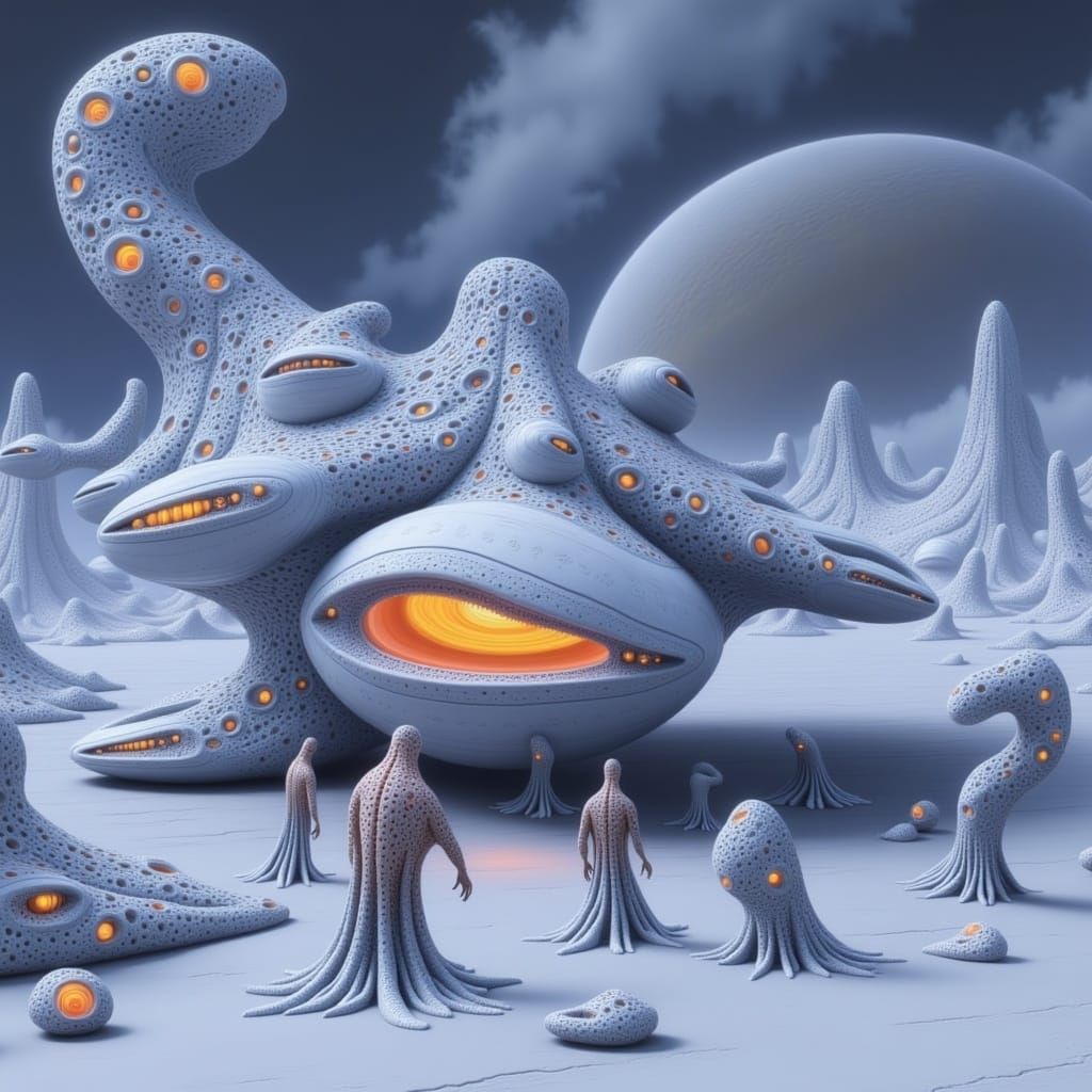 Surreal Cosmic Landscape with Robots and Aliens in a Distant...