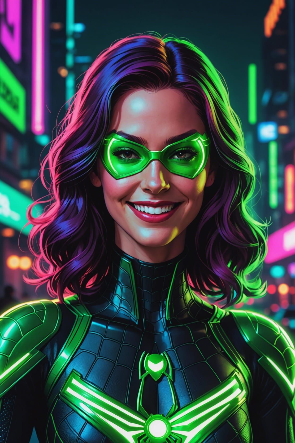 Female Spider-Man Green Lantern in Synthwave Style