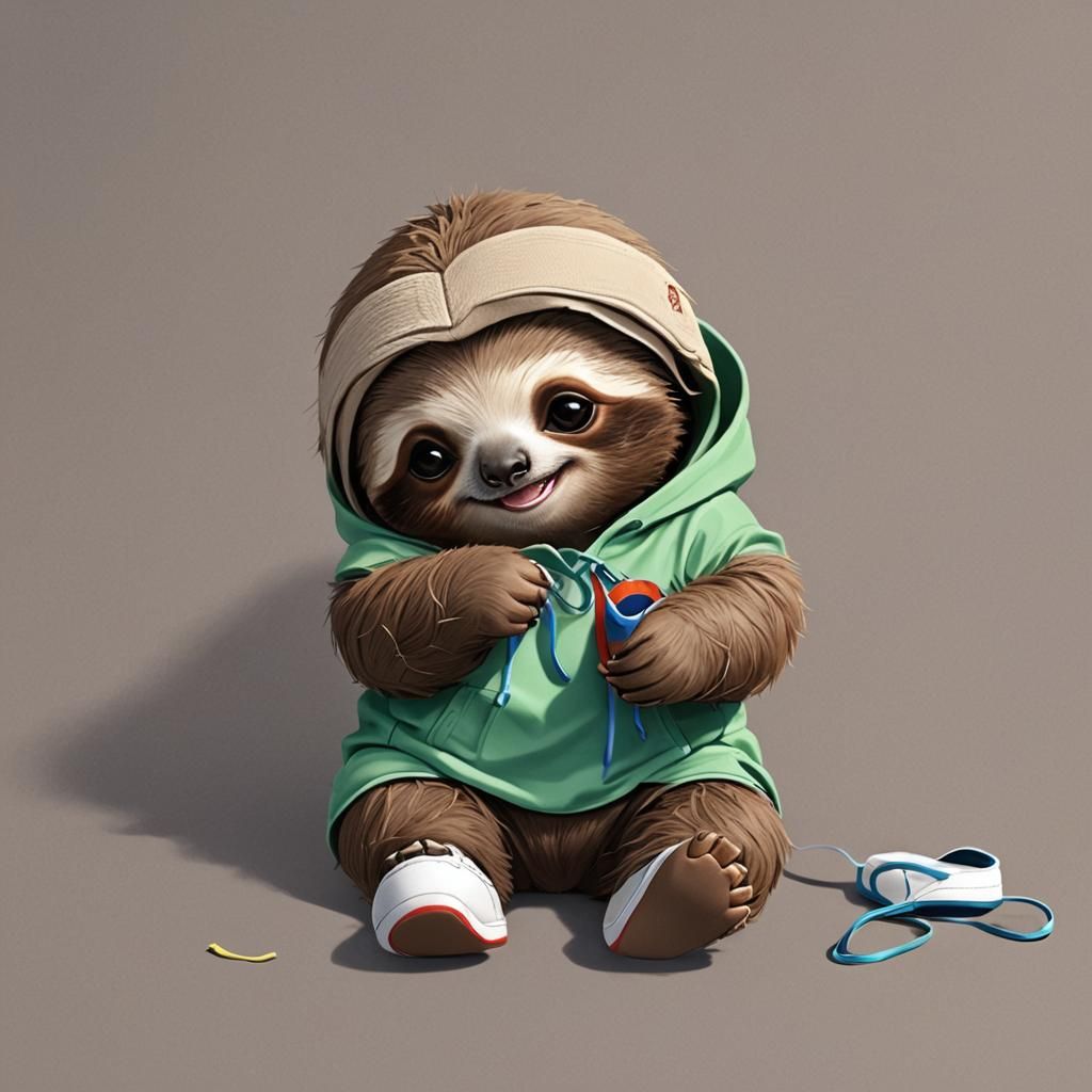 Cute Baby Sloth Puts on Running Shoes: 3D Anime Art