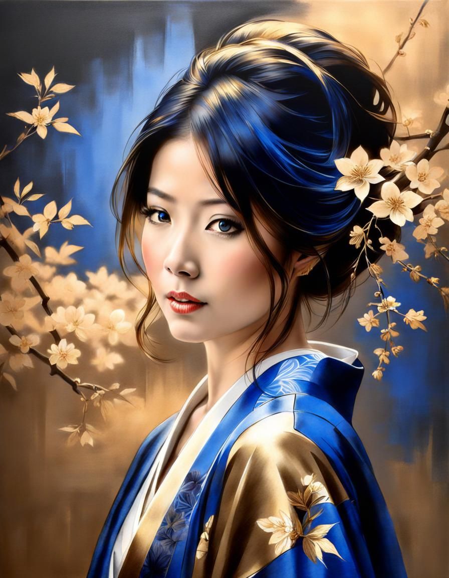 Charcoal Masterpiece: Japanese Woman in Kimono with Sakura
