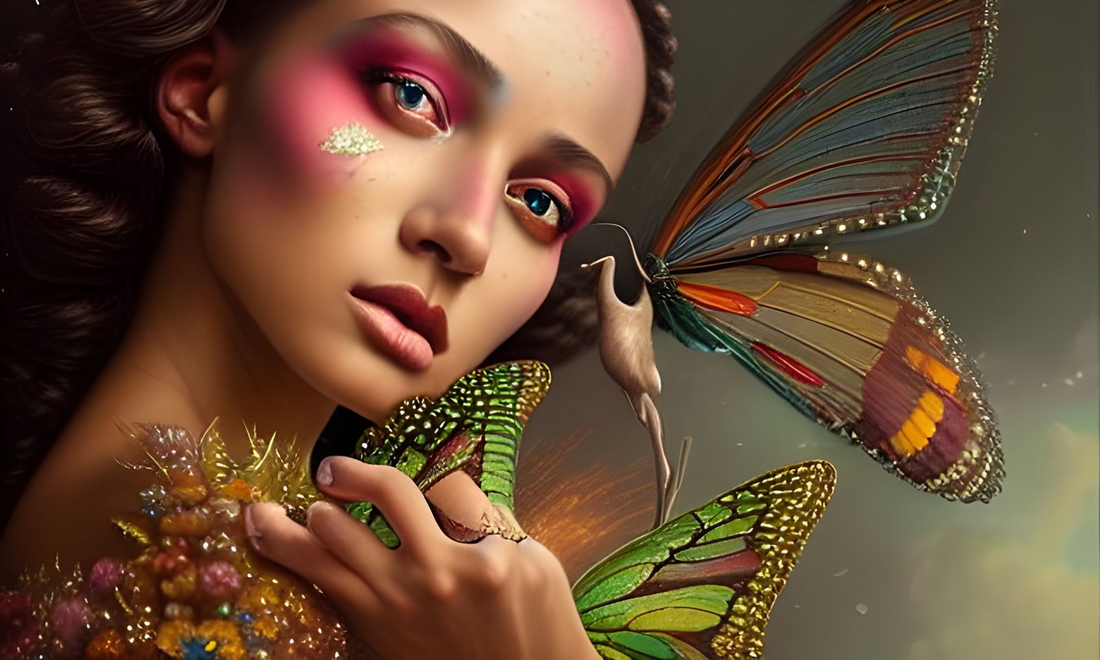 Hyperrealistic Woman Surrounded by Butterflies and Fairy Dus...