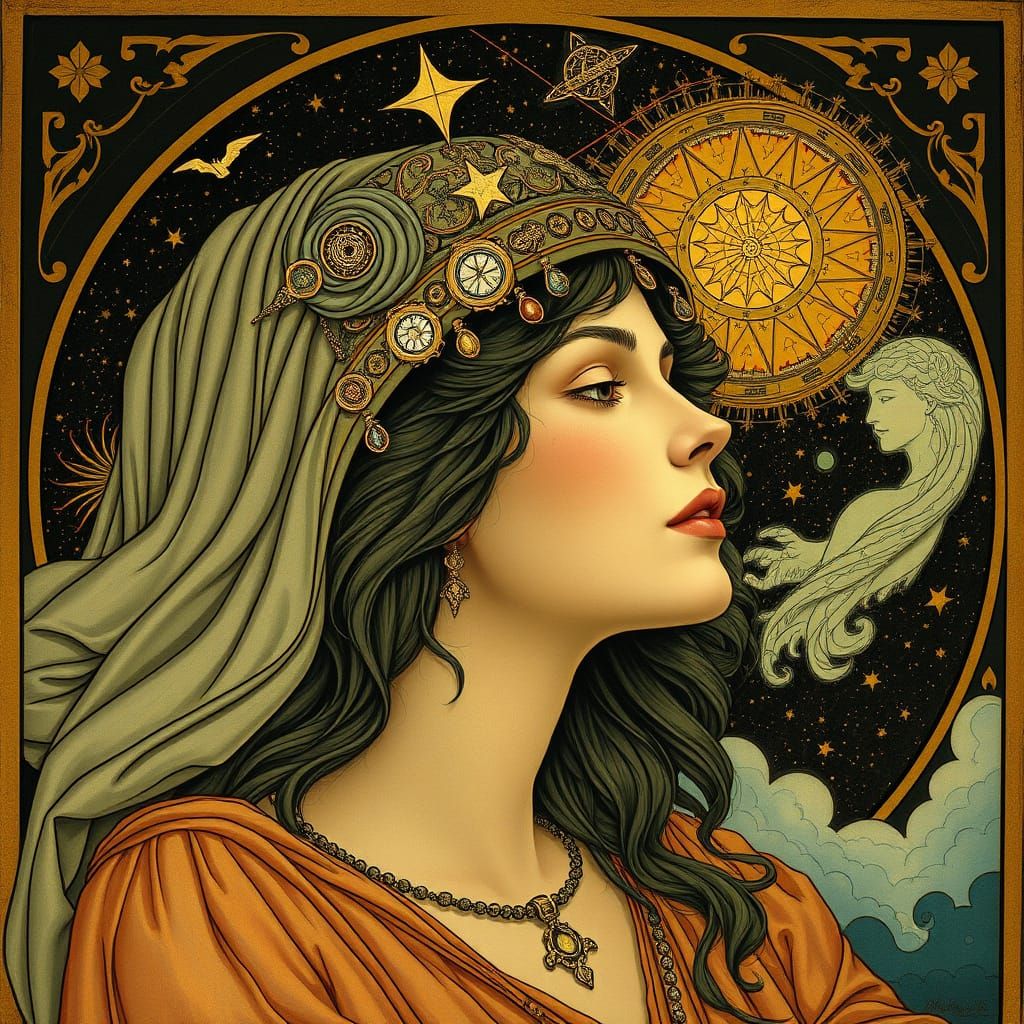 Celestial Portrait in Art Nouveau Style