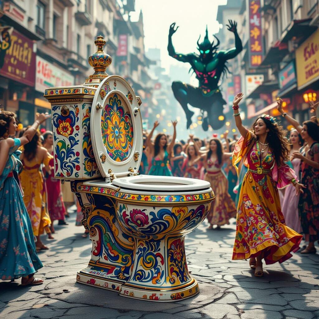 Surreal Toilet Saves City from Evil: Digital Art