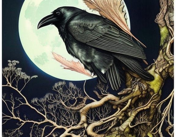 Moonlit Raven in Birch Tree: Gothic Surrealist Art