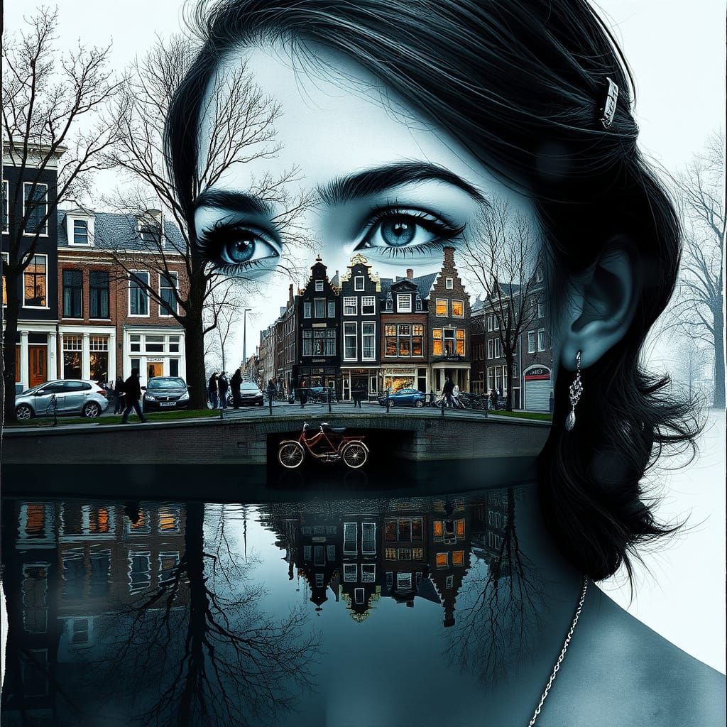 Double exposure portrait painting of a Dutch Woman....