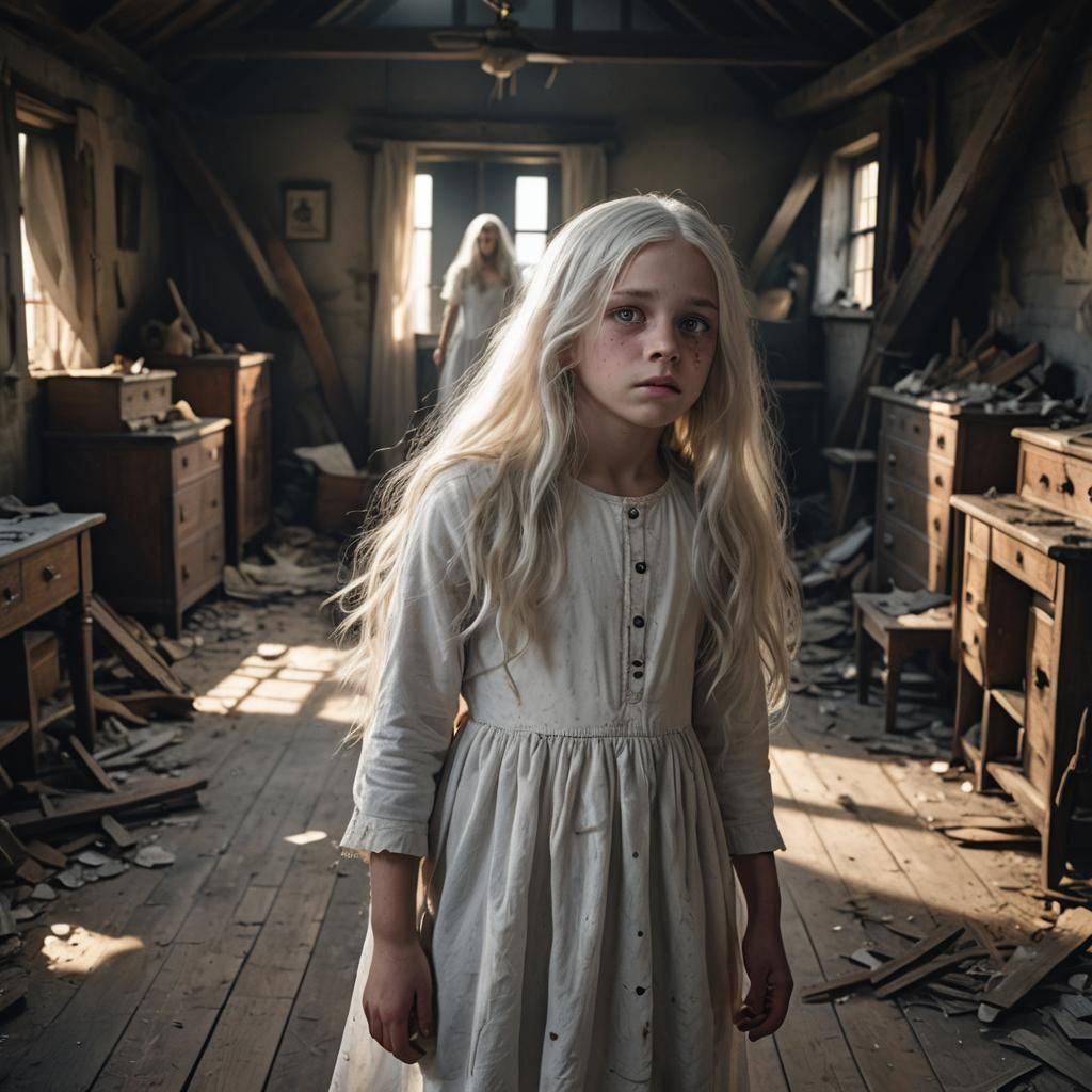 Eerie Child in Attic with Dark Figure