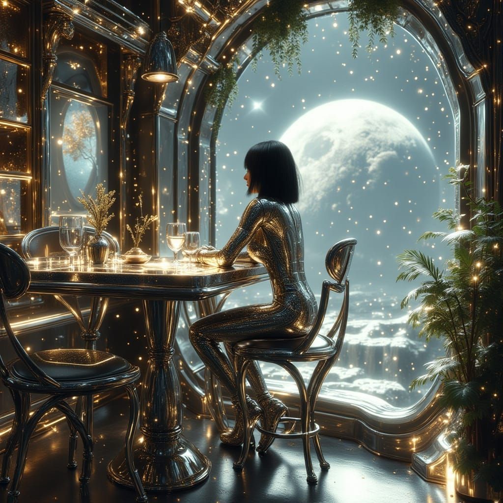 Woman in Futuristic Suit on Moon Base Cafe