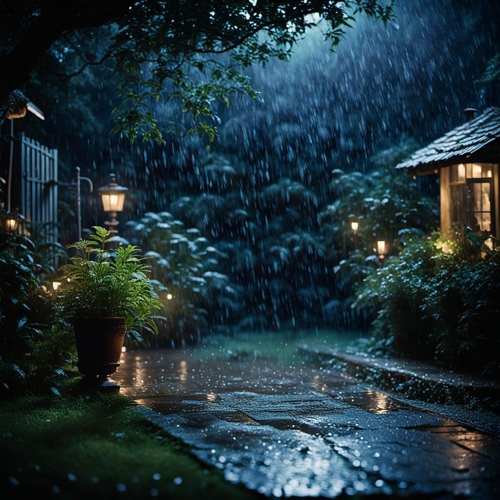 Rainy Midnight Garden in Cinematic Style
