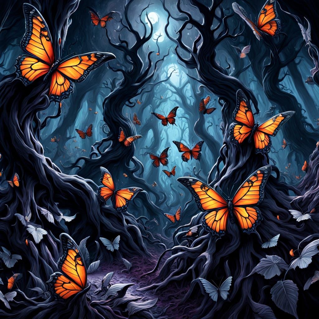 Butterflies Emerge from Dark Surrealist Forest