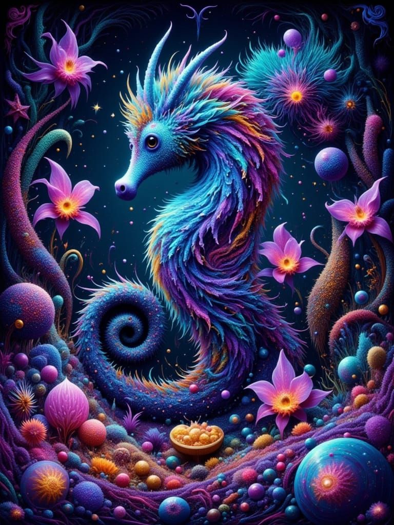 Iridescent Seahorse in Crystalline Cavern