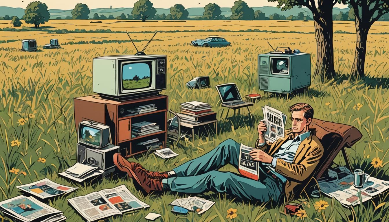 Man Relaxing in Field, Polish Comic Book Style
