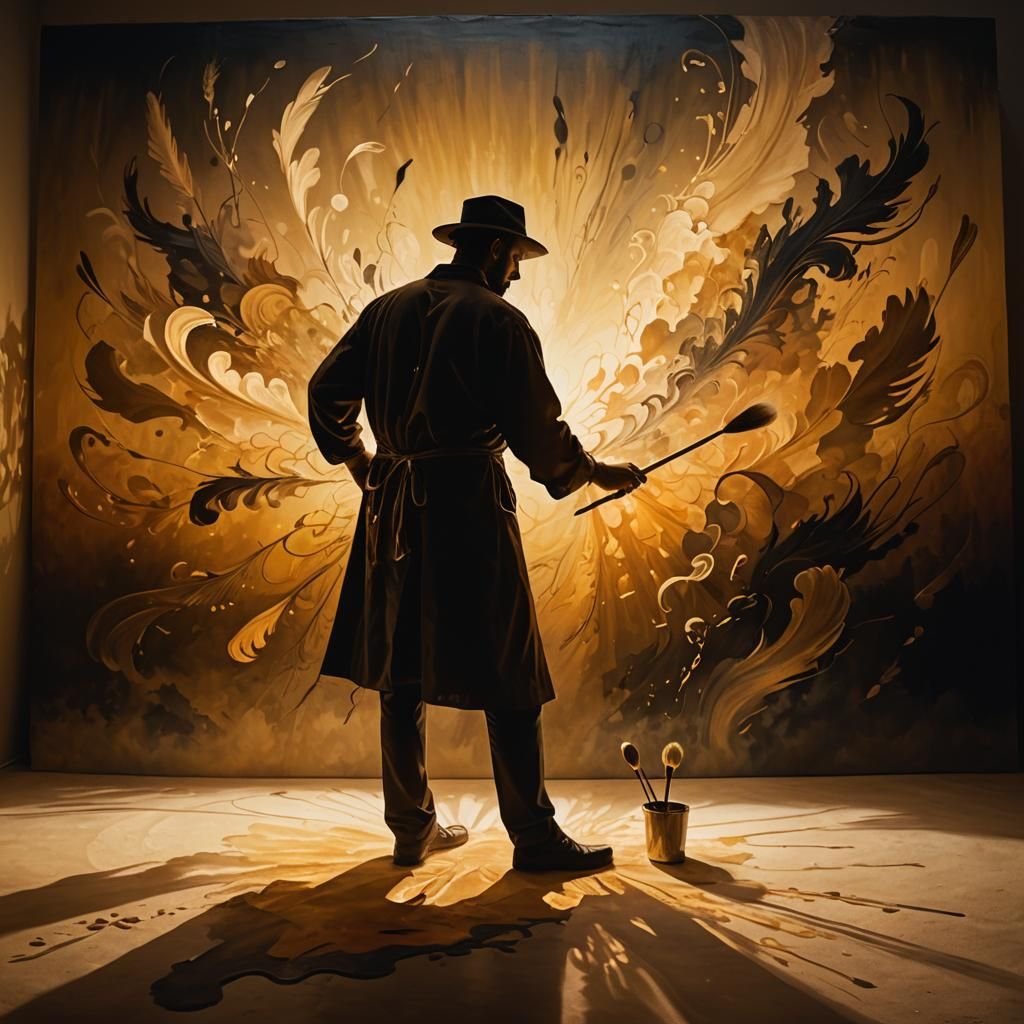 Shadow Painter in Dreamlike Surrealist Landscape